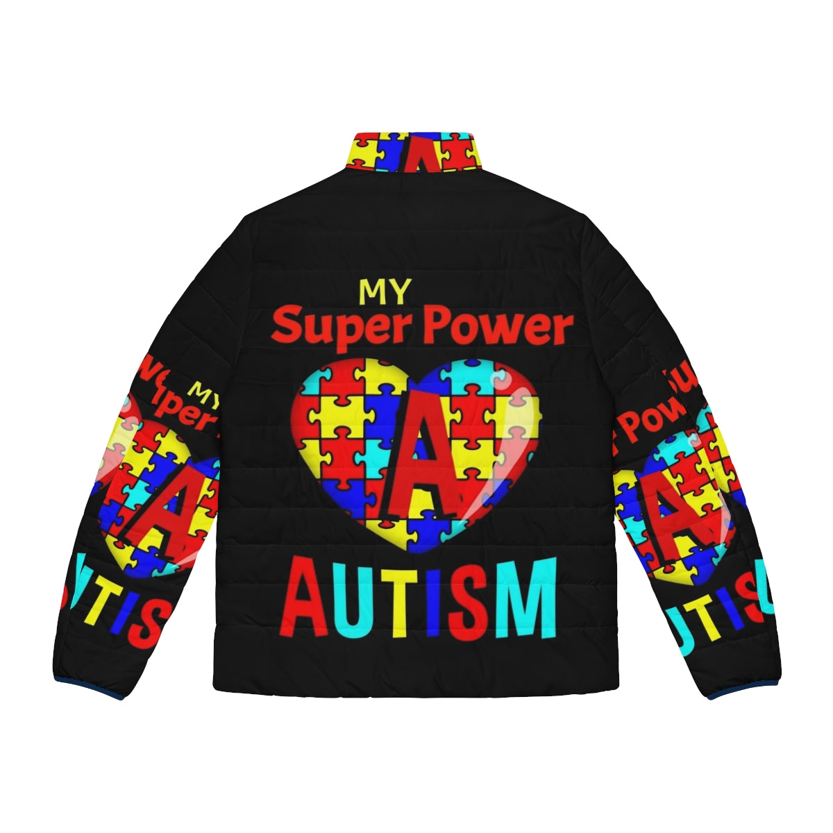 Autism Awareness My Super Power Puffer Jacket with puzzle pieces and heart - Back