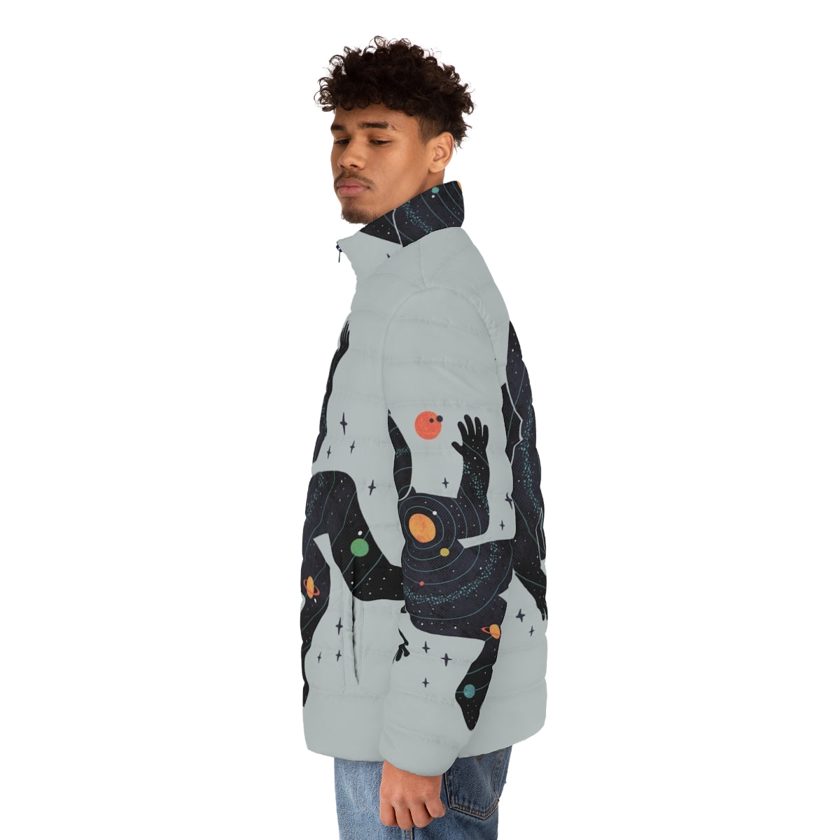 Inner Space Puffer Jacket featuring a minimalist space design - men side left