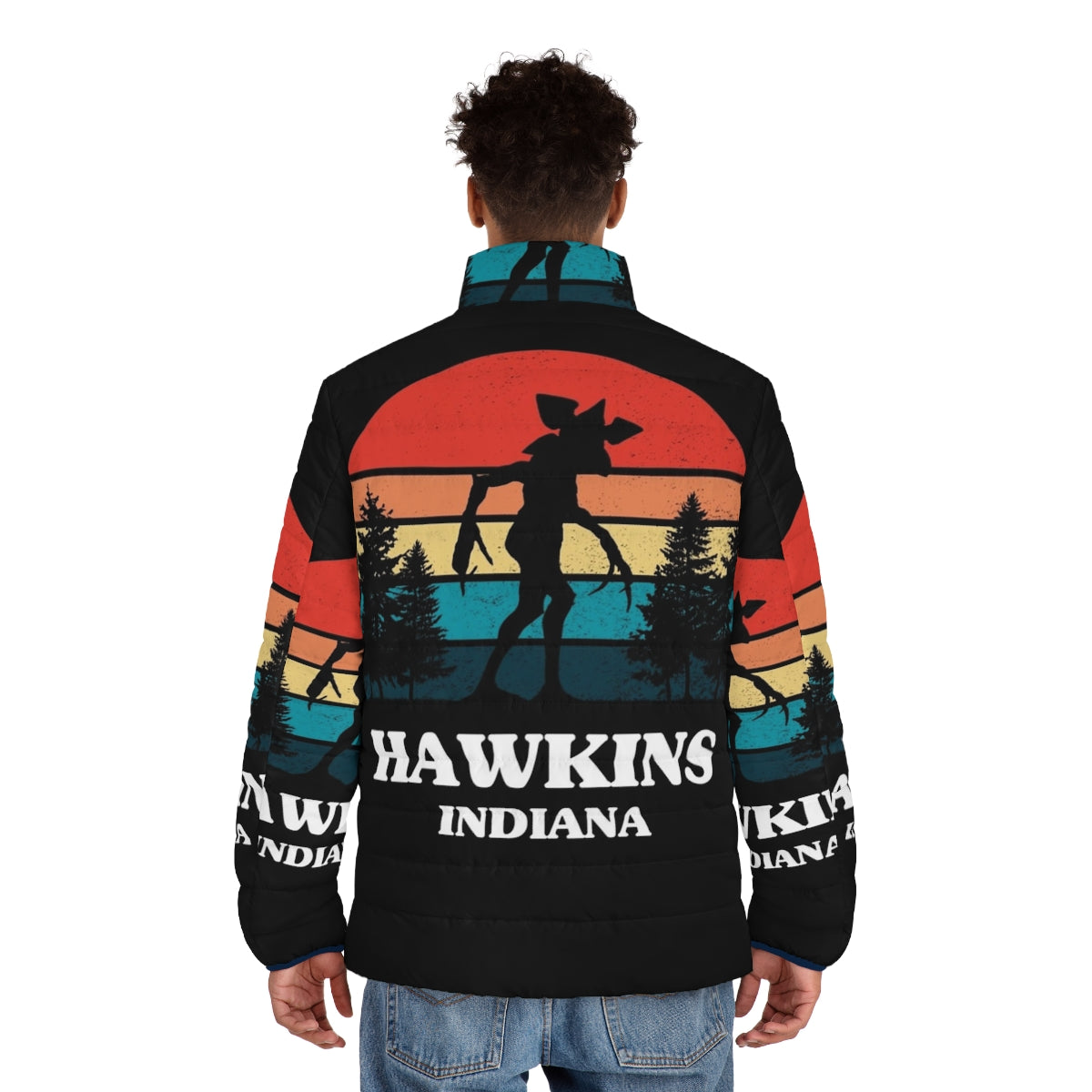 Stranger Things Demogorgon Puffer Jacket featuring Hawkins, the Upside Down, and 80s references - men back