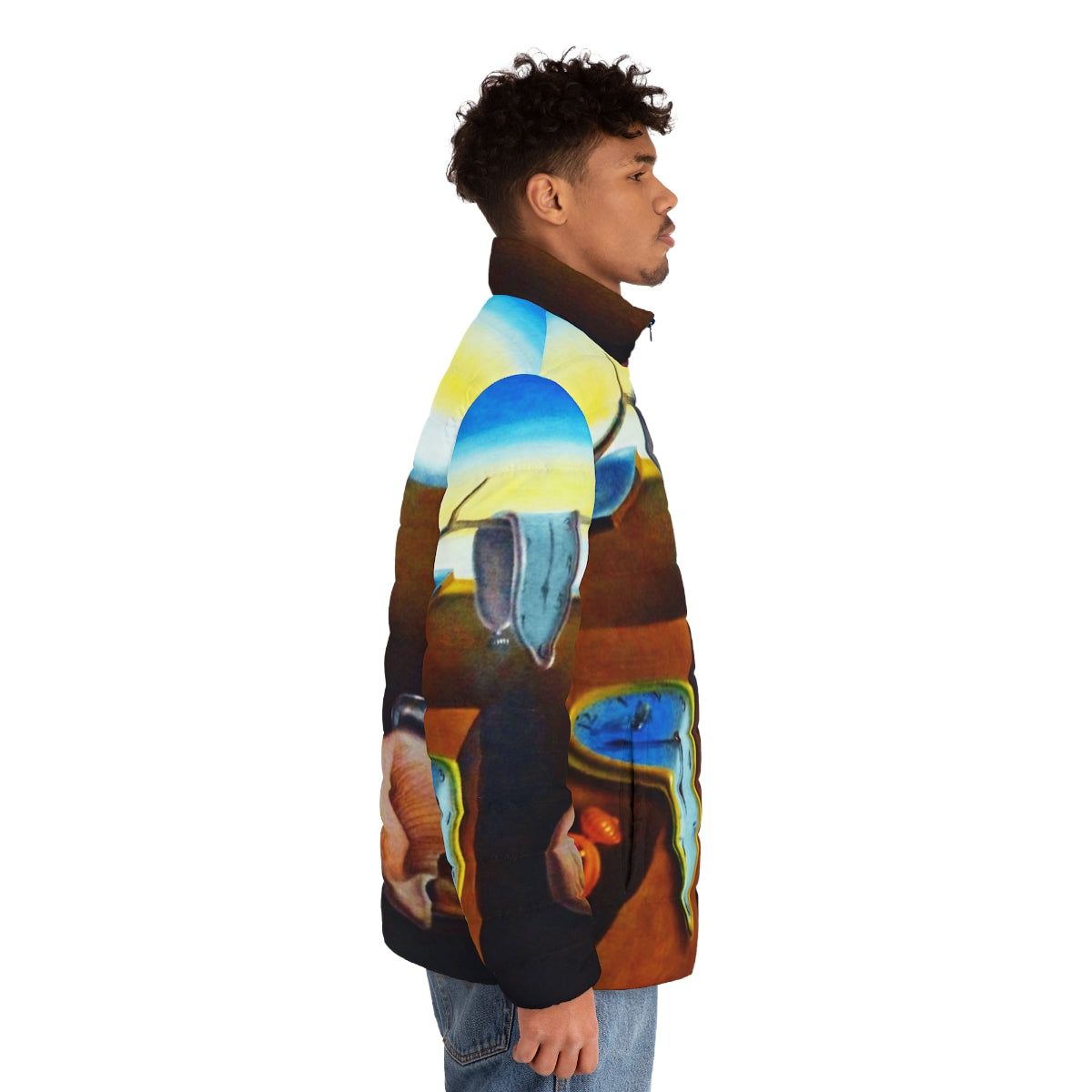 Salvador Dali's iconic 'The Persistence of Memory' painting featured on a cozy puffer jacket - men side right