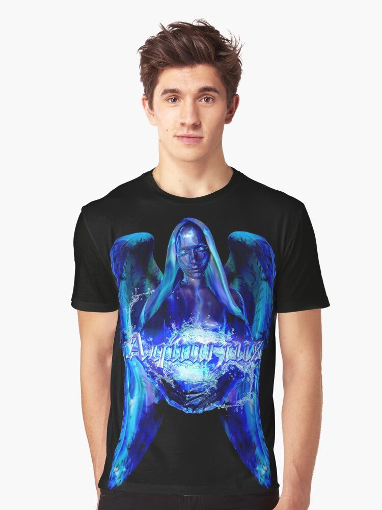 Aquarius Agenda Graphic T-Shirt, featuring a cosmic design with stars and galaxies representing the Aquarius zodiac sign - Men