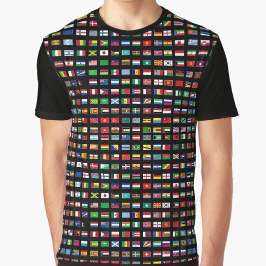 A graphic t-shirt featuring the flags of the world, representing global unity and diversity.