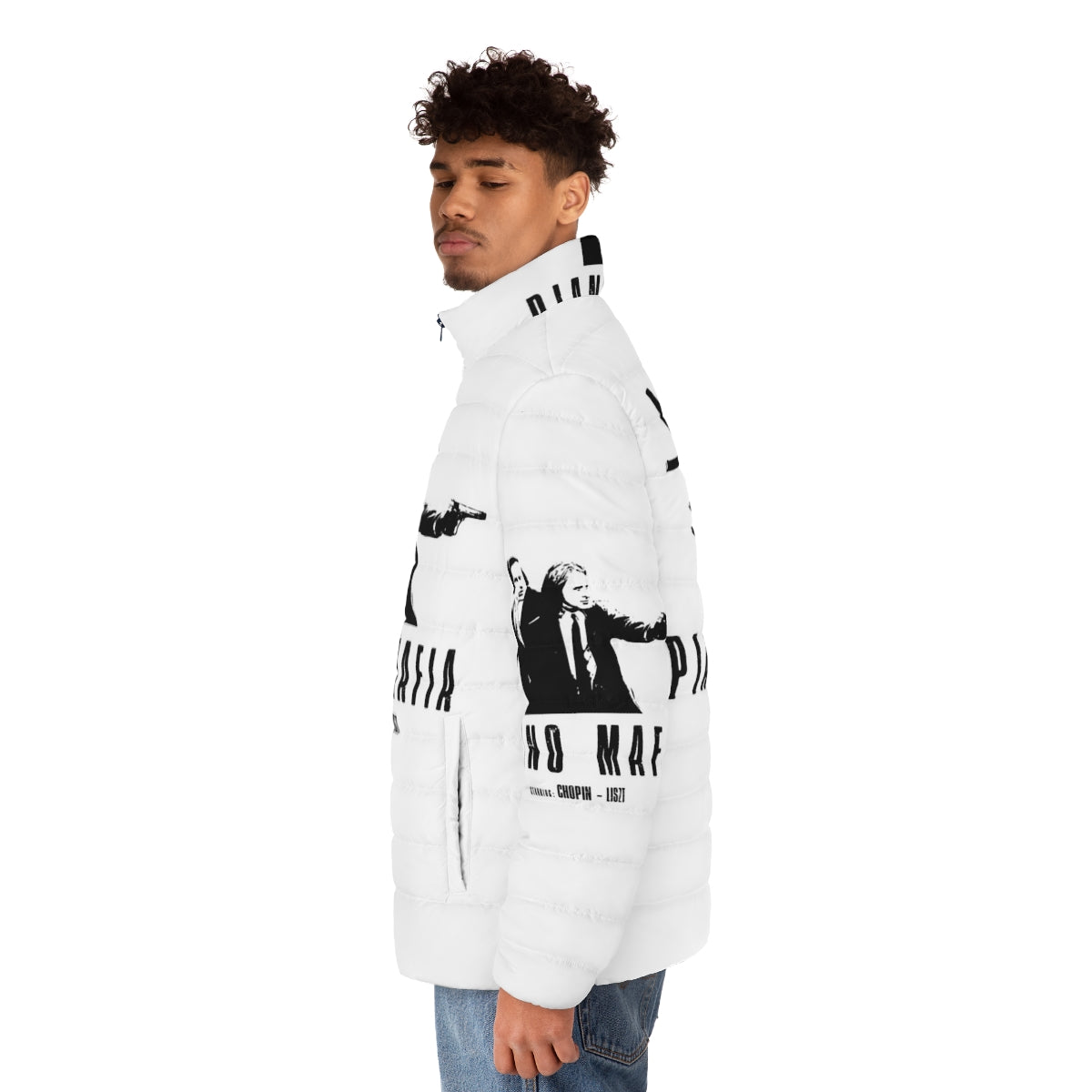 Puffer jacket featuring classical music motifs including Chopin and Liszt - men side left