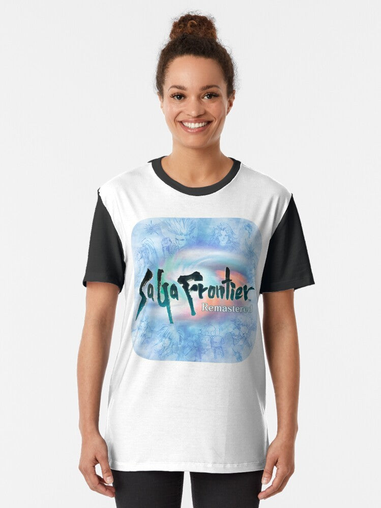 Saga Frontier graphic t-shirt featuring the iconic Saga Frontier logo and characters - Women