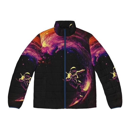 Cosmic puffer jacket featuring space and galaxy design