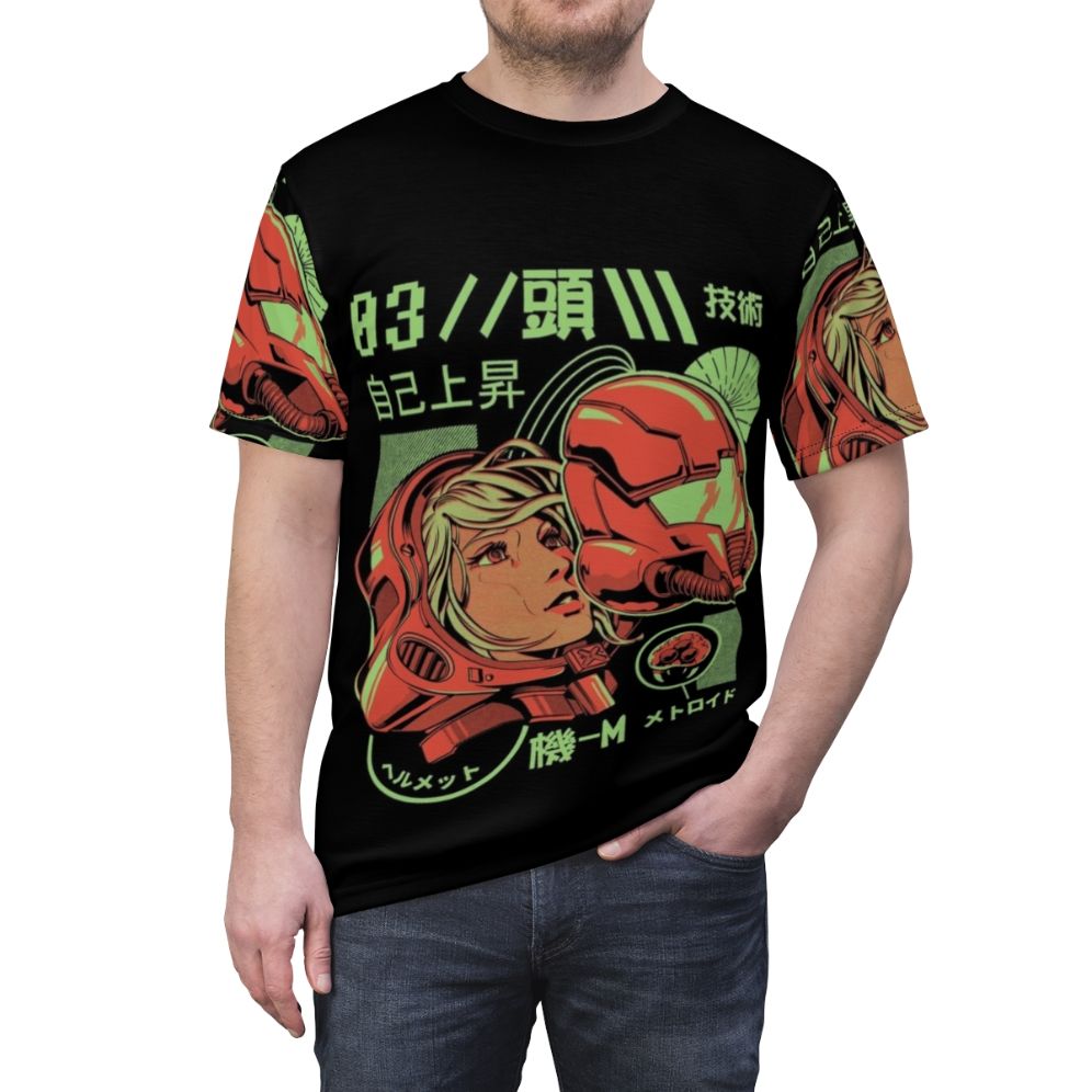 Vintage robots and retro sci-fi inspired all-over-print t-shirt design - men front