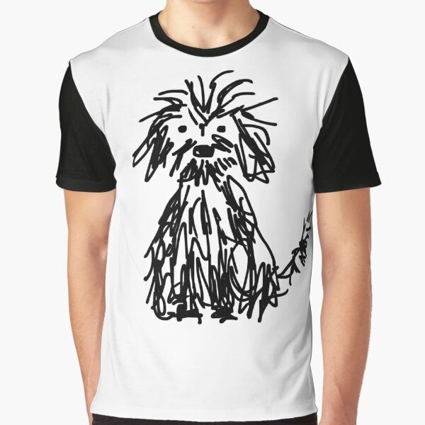 Cute shaggy black and white dog illustration on a graphic t-shirt for kids