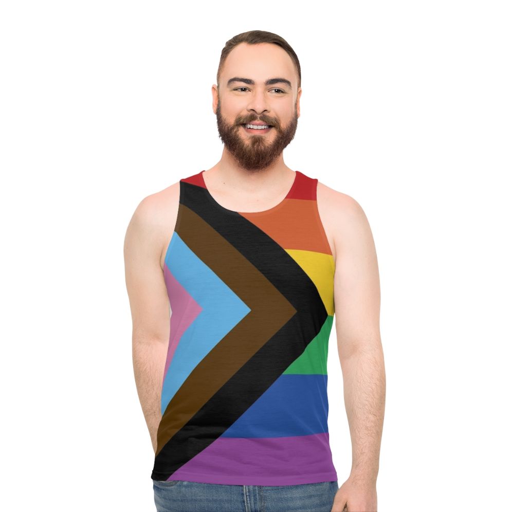 Unisex tank top with progress pride flag design - men