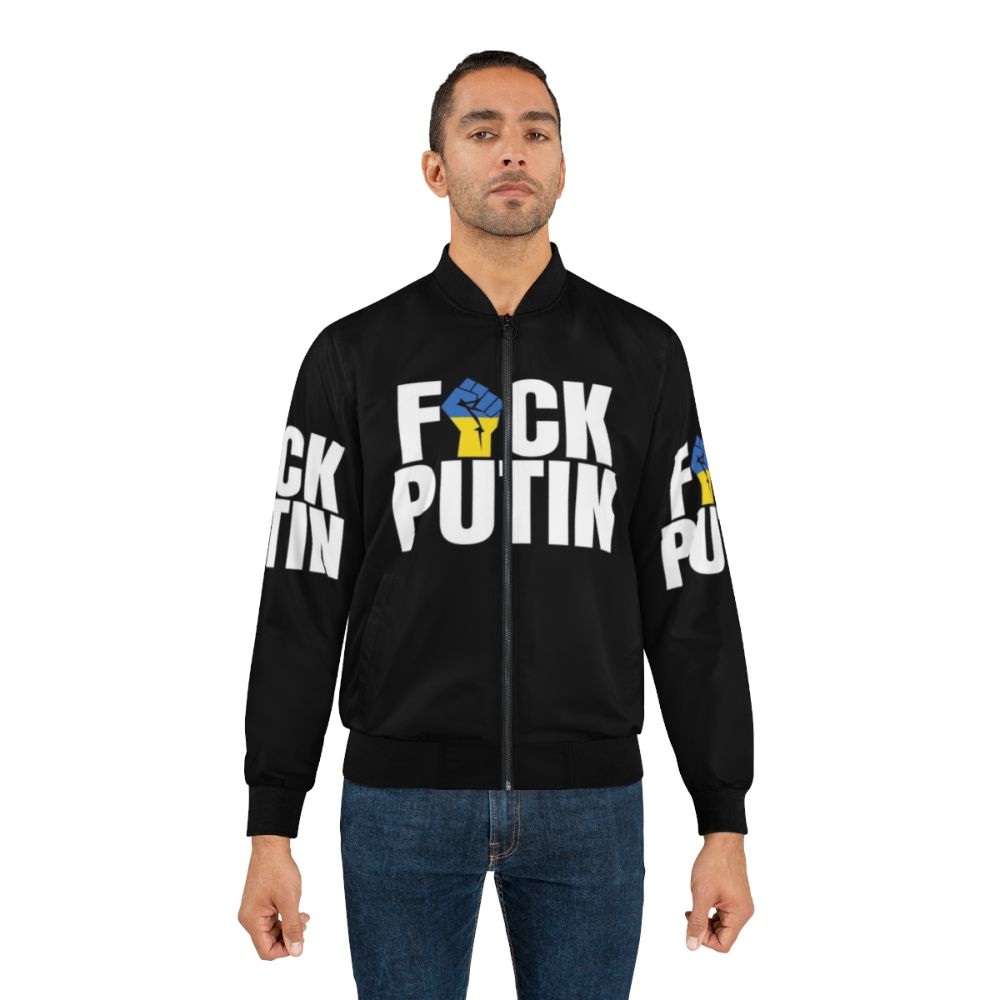 Ukrainian flag bomber jacket with fist symbol, anti-Putin design - Lifestyle