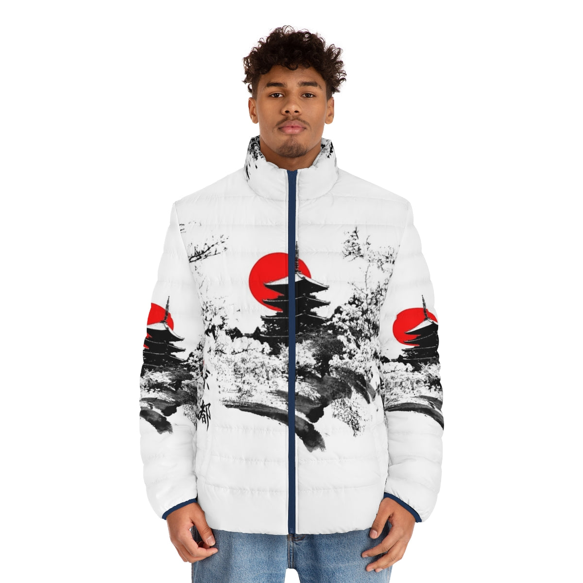 Japan Kyoto Puffer Jacket with Japanese Landmarks and Fashion Icons - men front