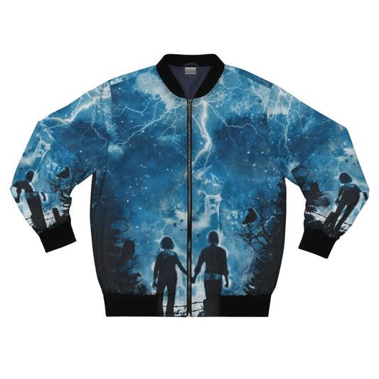 A stylish black bomber jacket featuring the 'Life is Strange' design with a storm, tornado, and nature elements.