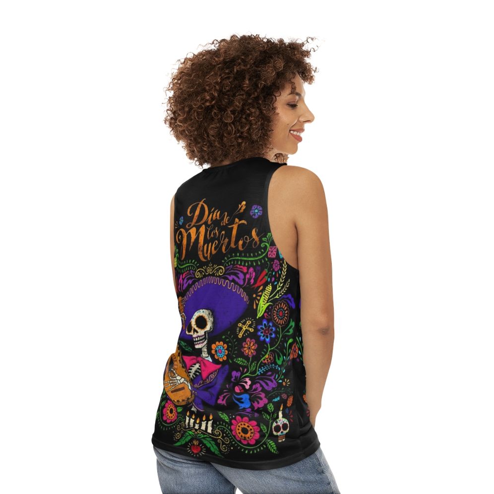 Dia de los muertos tank top with skeleton and sugar skull design - women back