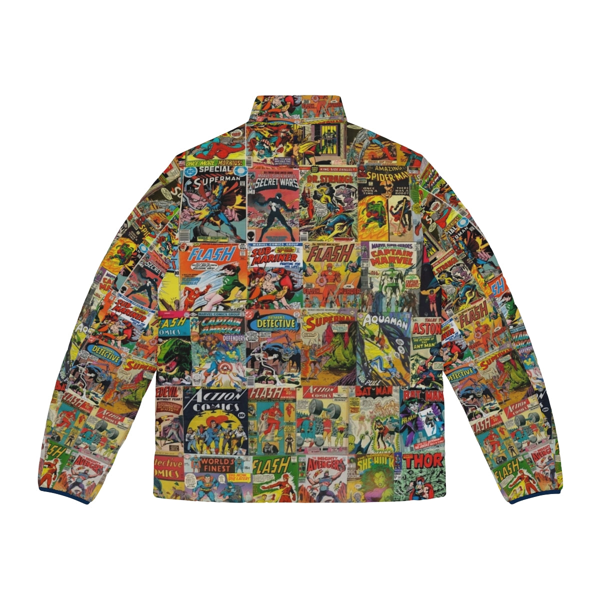 Vintage comic book pattern puffer jacket with colorful superhero graphics - Back