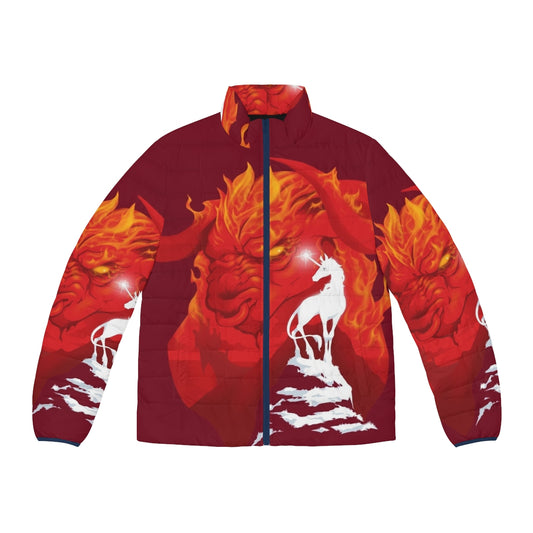 The Last Unicorn 1980s Puffer Jacket featuring the iconic unicorn character