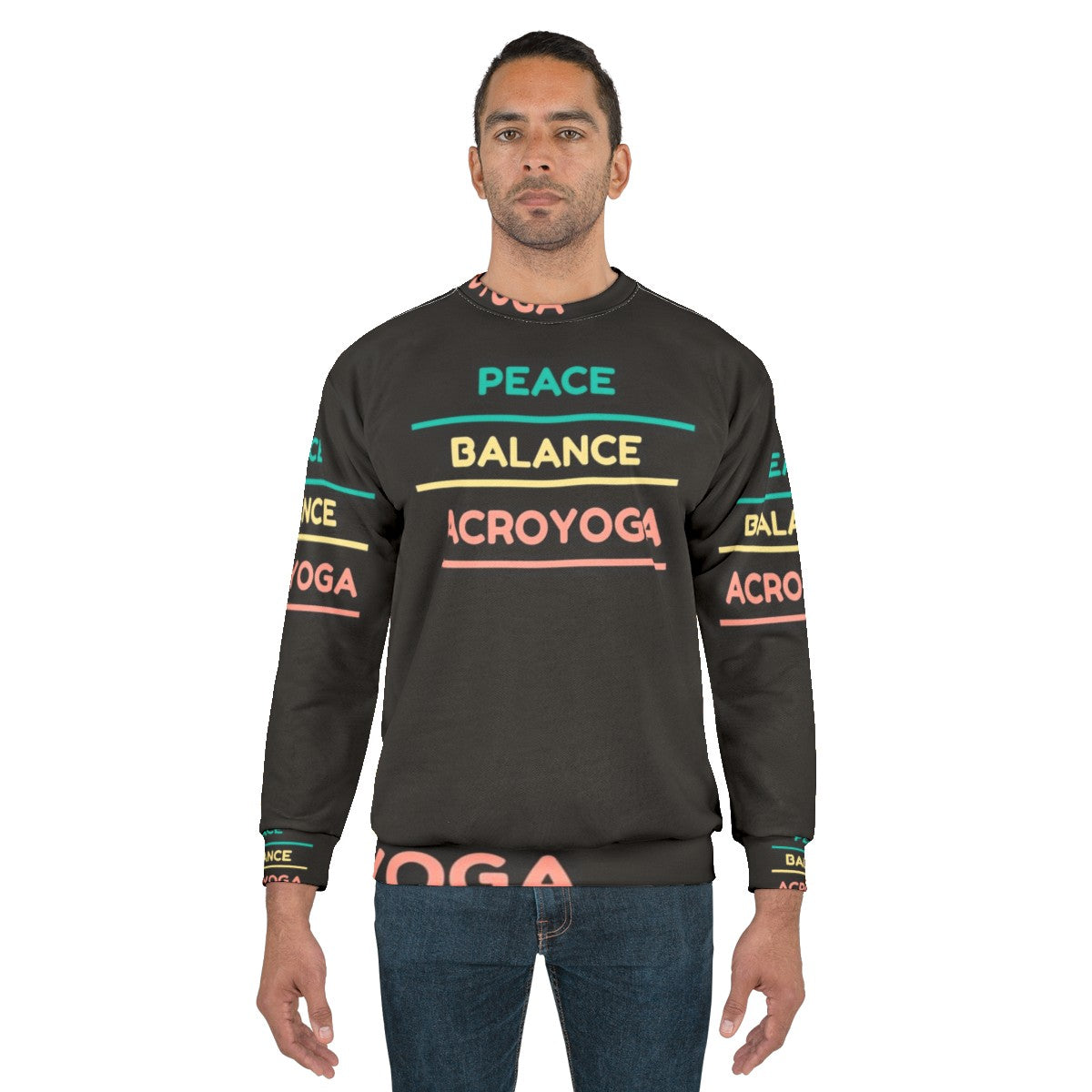 Acro yoga sweatshirt with peace, balance, and trust graphics - men