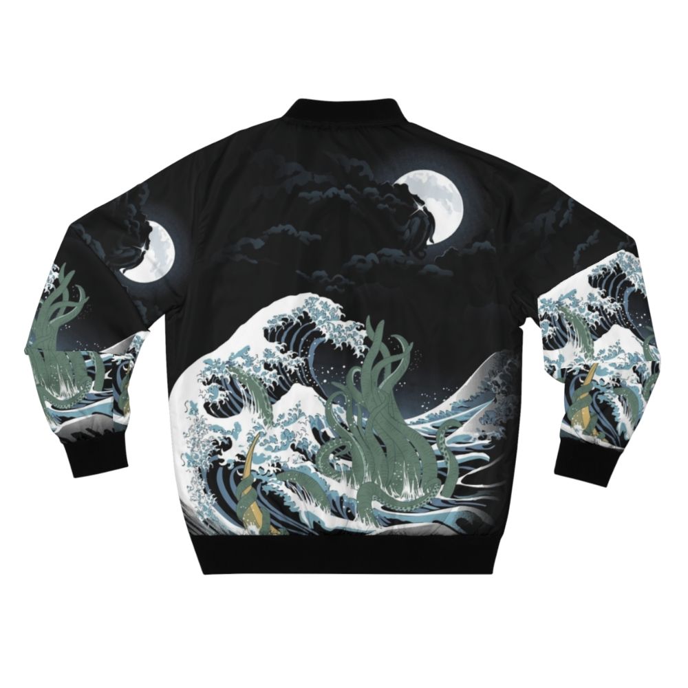 Bomber jacket featuring a Cthulhu-inspired design with a Japanese wave pattern. - Back