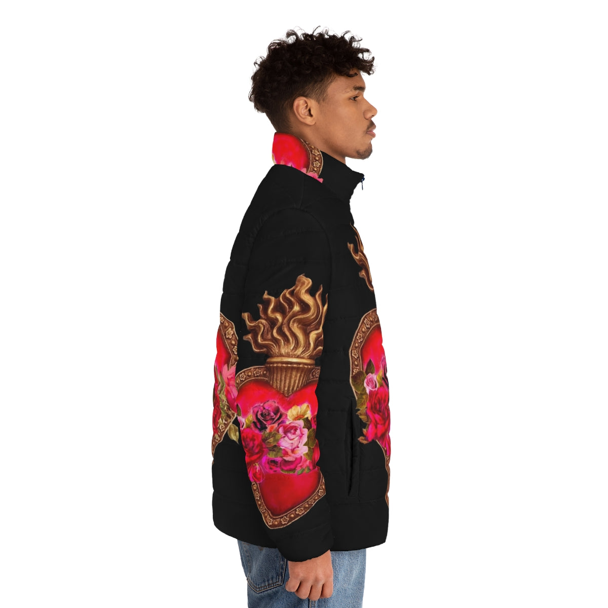 Red puffer jacket with sacred heart design, perfect for faith-based fashion - men side right