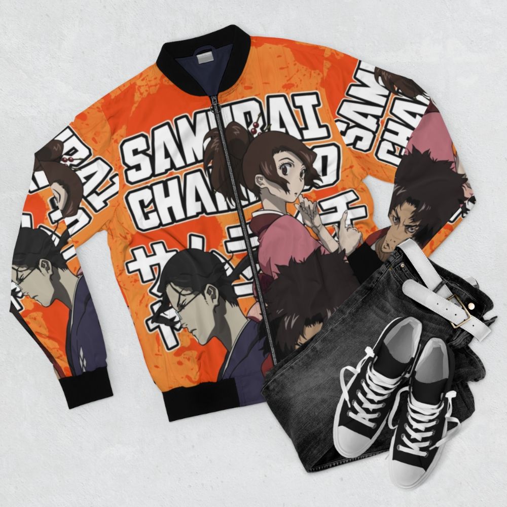 Samurai Champloo inspired bomber jacket with graphic design elements - Flat lay