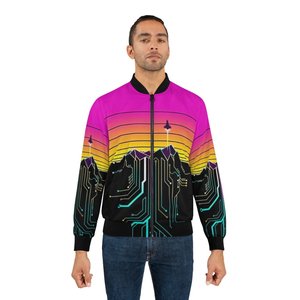 Synth Mountain Sunrise Bomber Jacket with retro 80s synthwave aesthetic design - Lifestyle