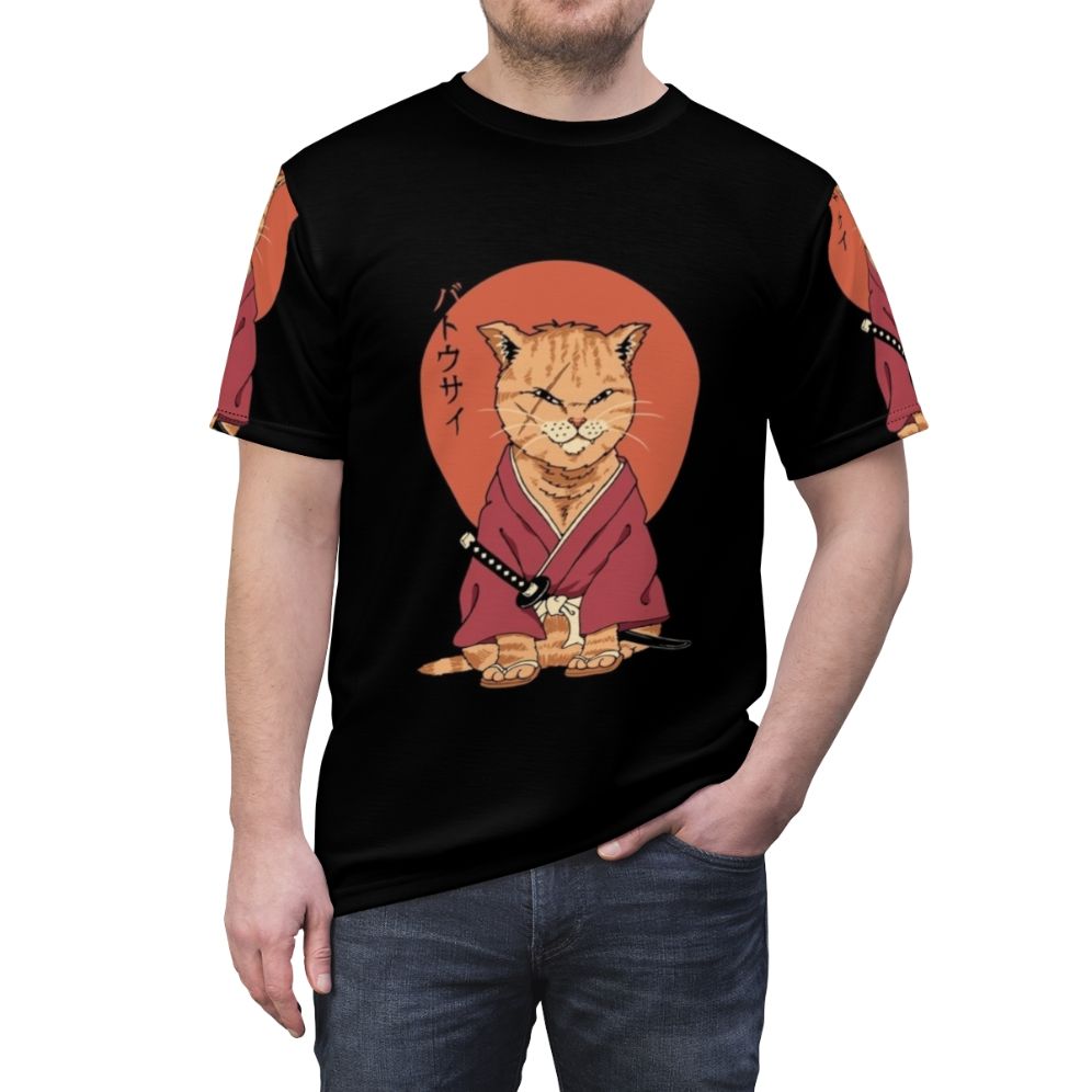 Product image of a t-shirt featuring a cat in samurai attire wielding a sword, inspired by Japanese art and anime - men front