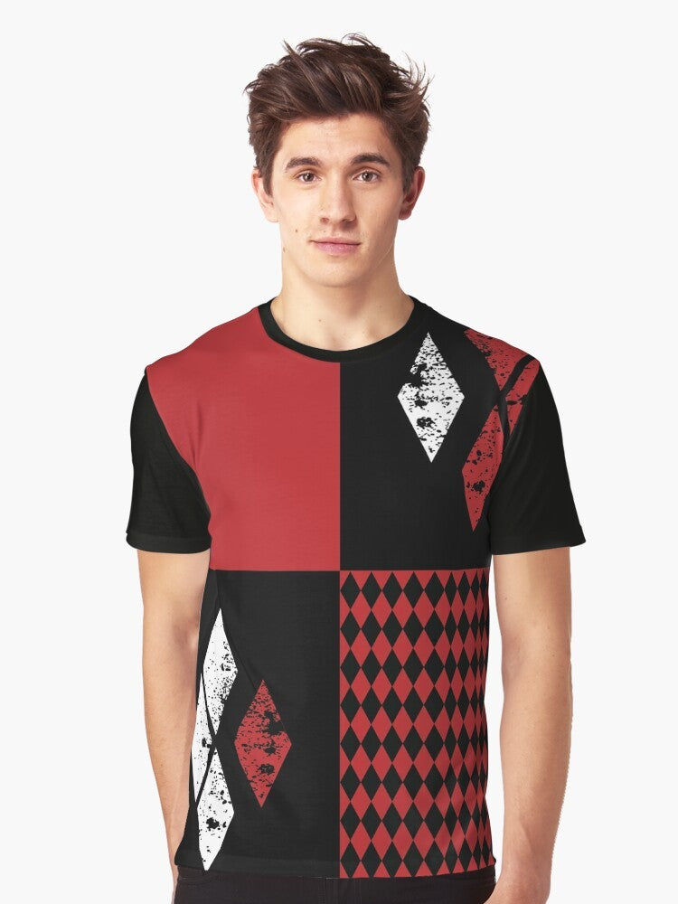 Harley Quinn inspired graphic t-shirt with diamonds design in red, white, and black colors - Men