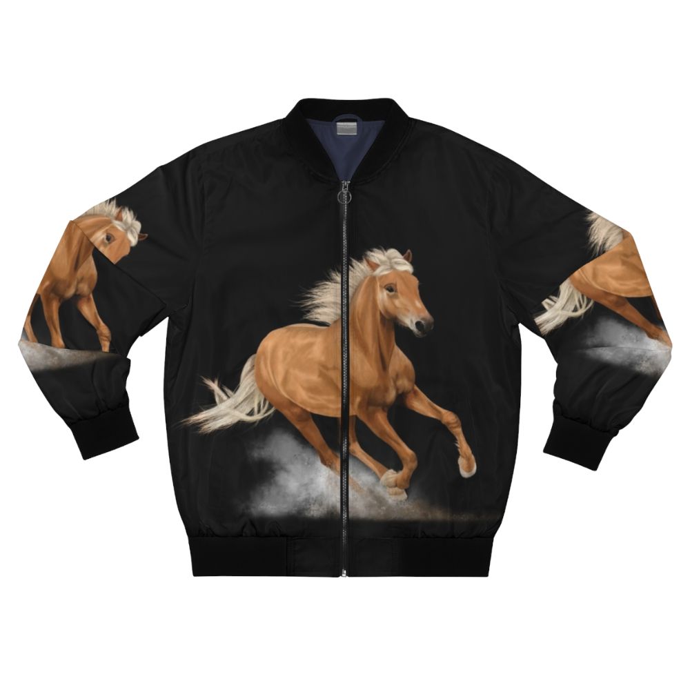 A bomber jacket featuring a running palomino horse painting