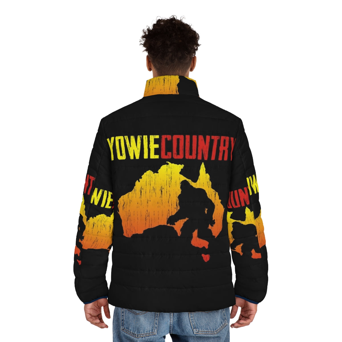 Yowie Country Puffer Jacket featuring a bigfoot or sasquatch-inspired design - men back