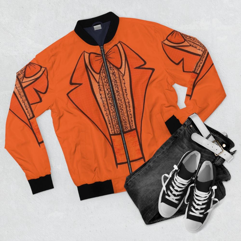 Retro Dumb and Dumber Funny Tuxedo Bomber Jacket with Lloyd and Harry Characters - Flat lay