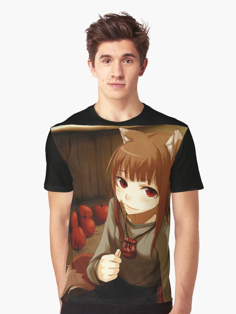 Horo, the wise wolf from the anime Spice and Wolf, featured on a graphic t-shirt design. - Men