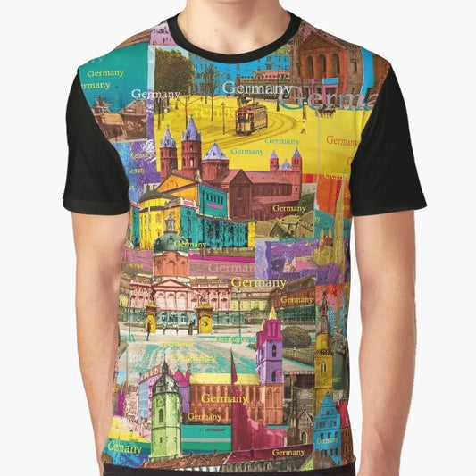 Graphic t-shirt with a collage of colorful German landmarks and architecture