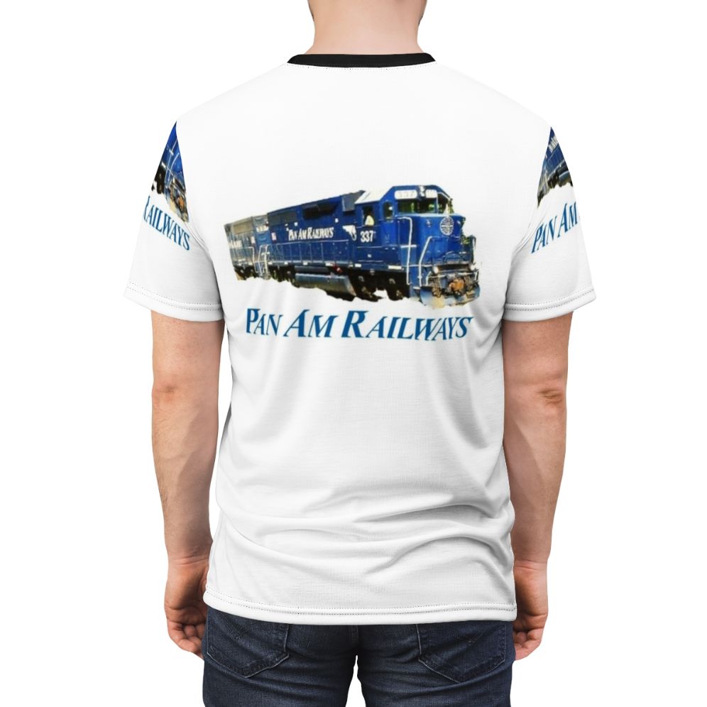 Vintage-style t-shirt with a graphic of a train and text related to Pan Am Railway and train driving - men back