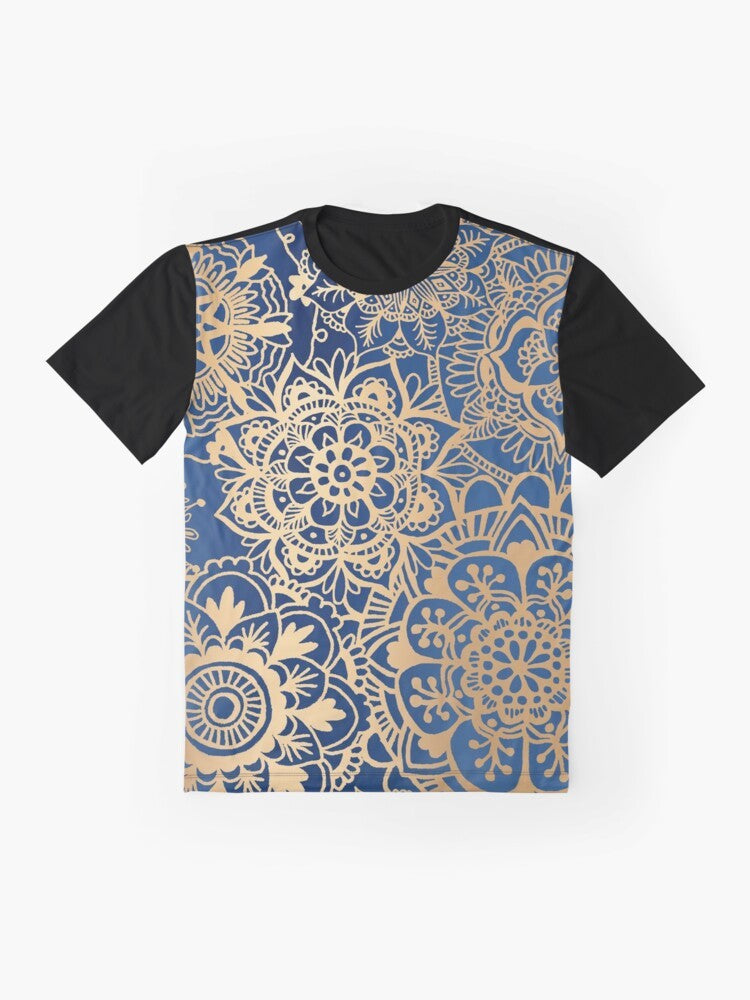 Blue and gold mandala pattern graphic t-shirt - Flat lay