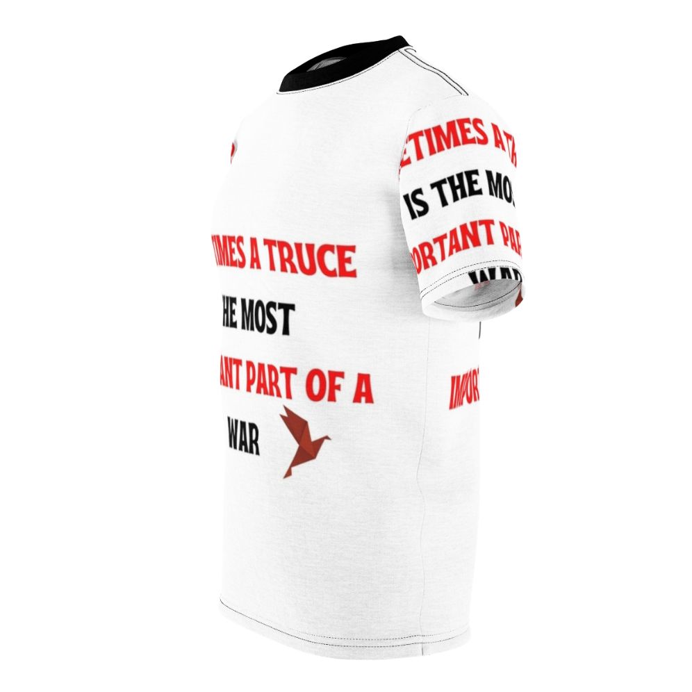 Stylish t-shirt featuring iconic quotes and characters from the popular Netflix series Money Heist. - men left