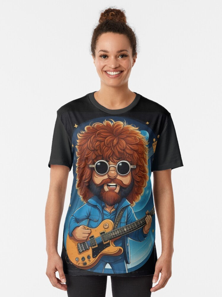 Cartoon illustration of Jeff Lynne and the Electric Light Orchestra (ELO) logo on a blue background with the 'Mr. Blue Sky' song title - Women