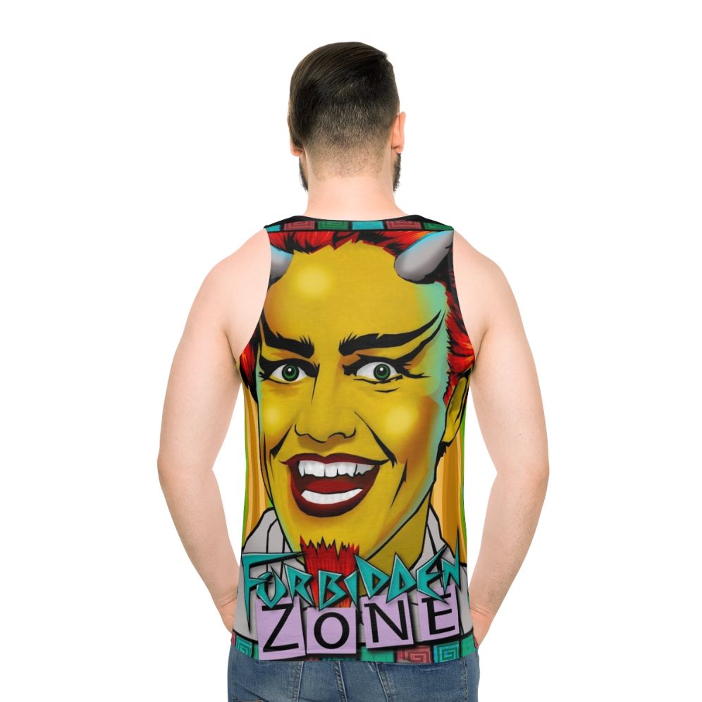 Unisex tank top with Forbidden Zone pop culture fanart design - men back