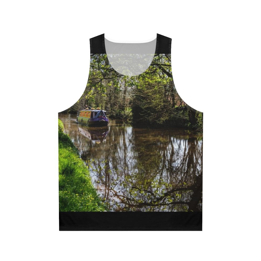 Unisex tank top with a peaceful canal barge scene