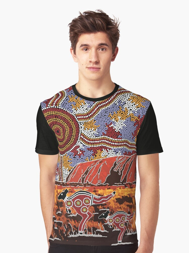 Authentic Uluru and Aboriginal Art Graphic T-Shirt with Kangaroo and Landscape Motif - Men