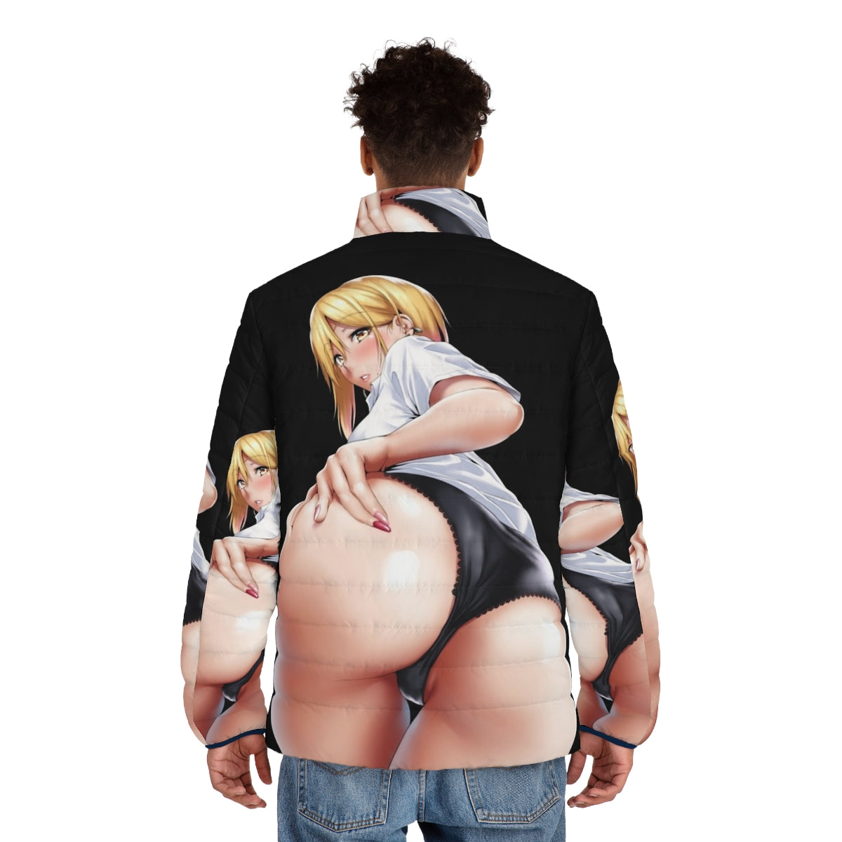 Puffer jacket featuring a cute anime girl illustration - men back