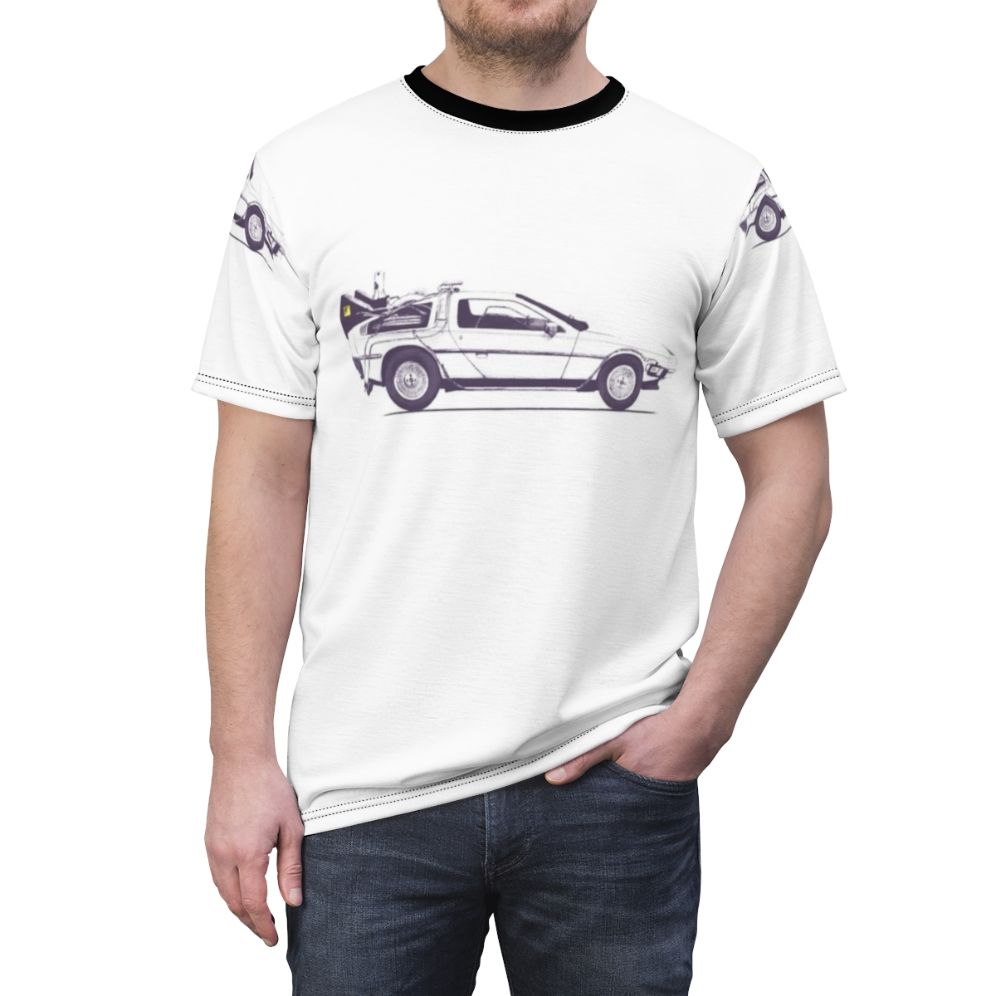 Vintage-style Delorean car graphic on a t-shirt - men front