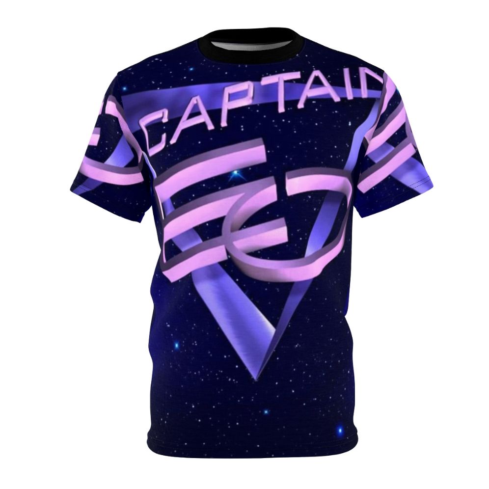 Retro 1980s sci-fi themed t-shirt with space and music elements