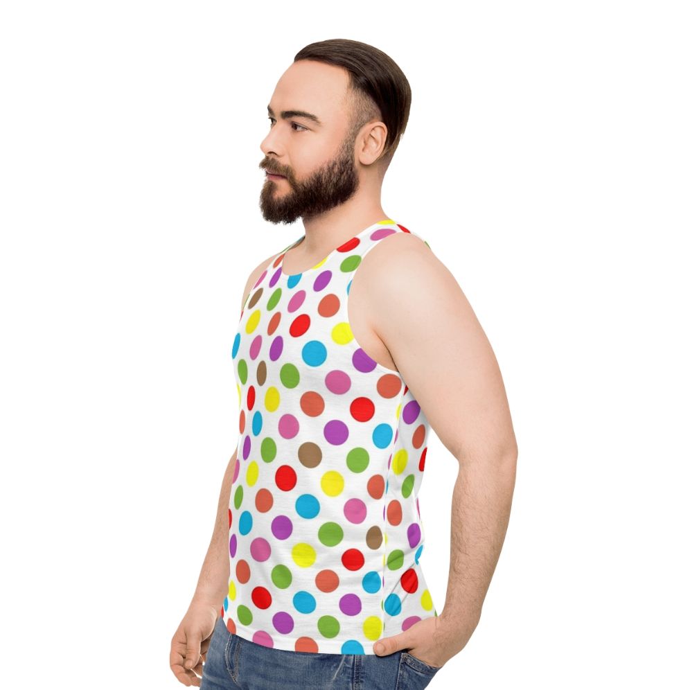 Vibrant rainbow polka dot unisex tank top - men side