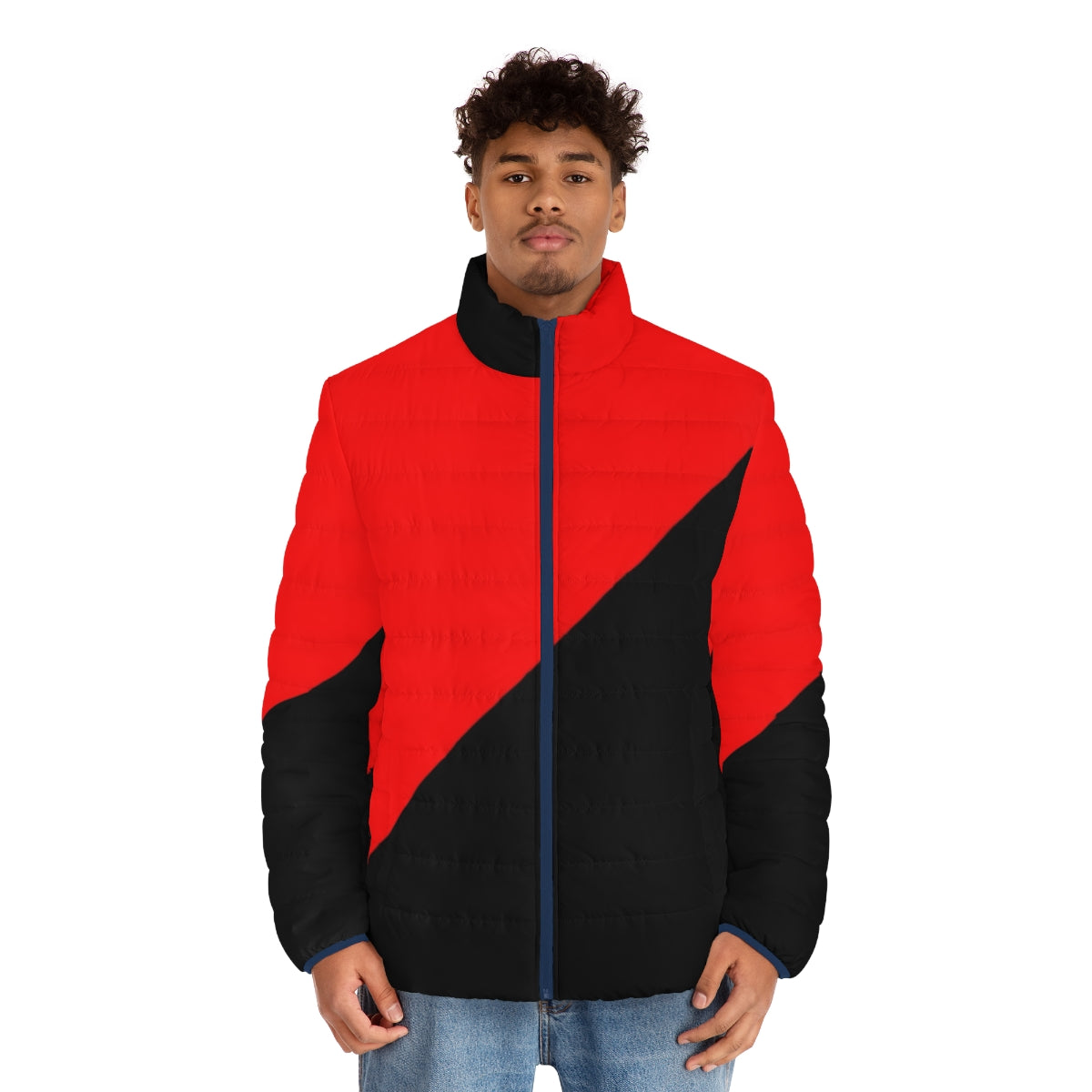 Anarcho-Communist puffer jacket with red and black diagonal flag design - men front