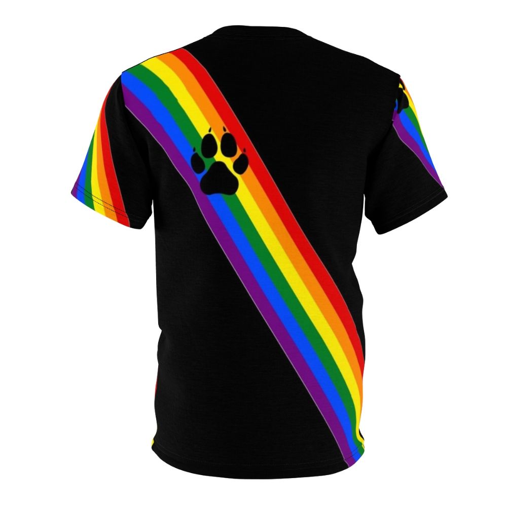 Rainbow-colored t-shirt with a playful puppy design, perfect for LGBTQ+ pride and role-play activities. - Back