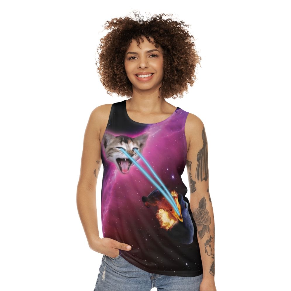 Laser Cat Destroyer of Planets Unisex Galaxy Tank Top - women