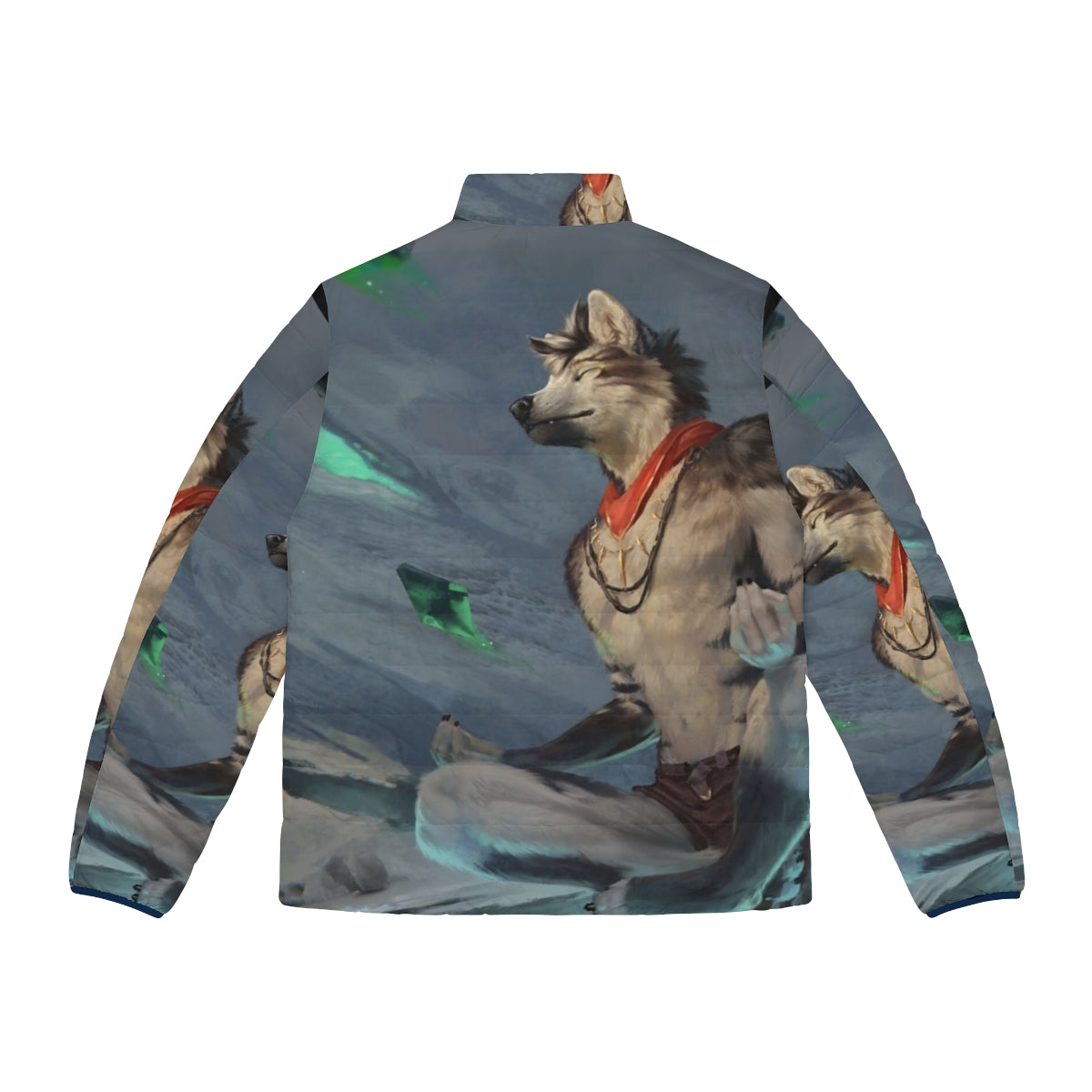 Anthro wolf wearing a magical meditation puffer jacket in a snowy, winter landscape - Back