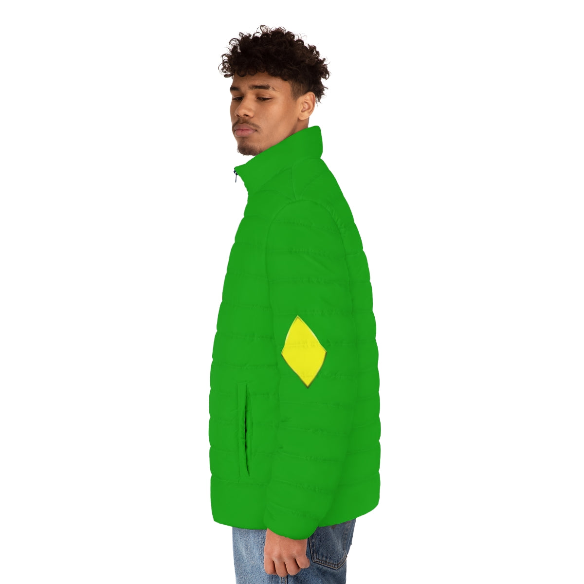 Yellow diamond puffer jacket with superhero-inspired design - men side left