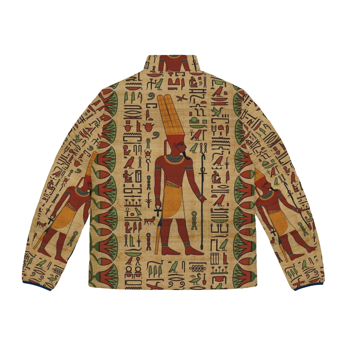 Amun Ra puffer jacket with ancient Egyptian hieroglyphic and papyrus motif - Back