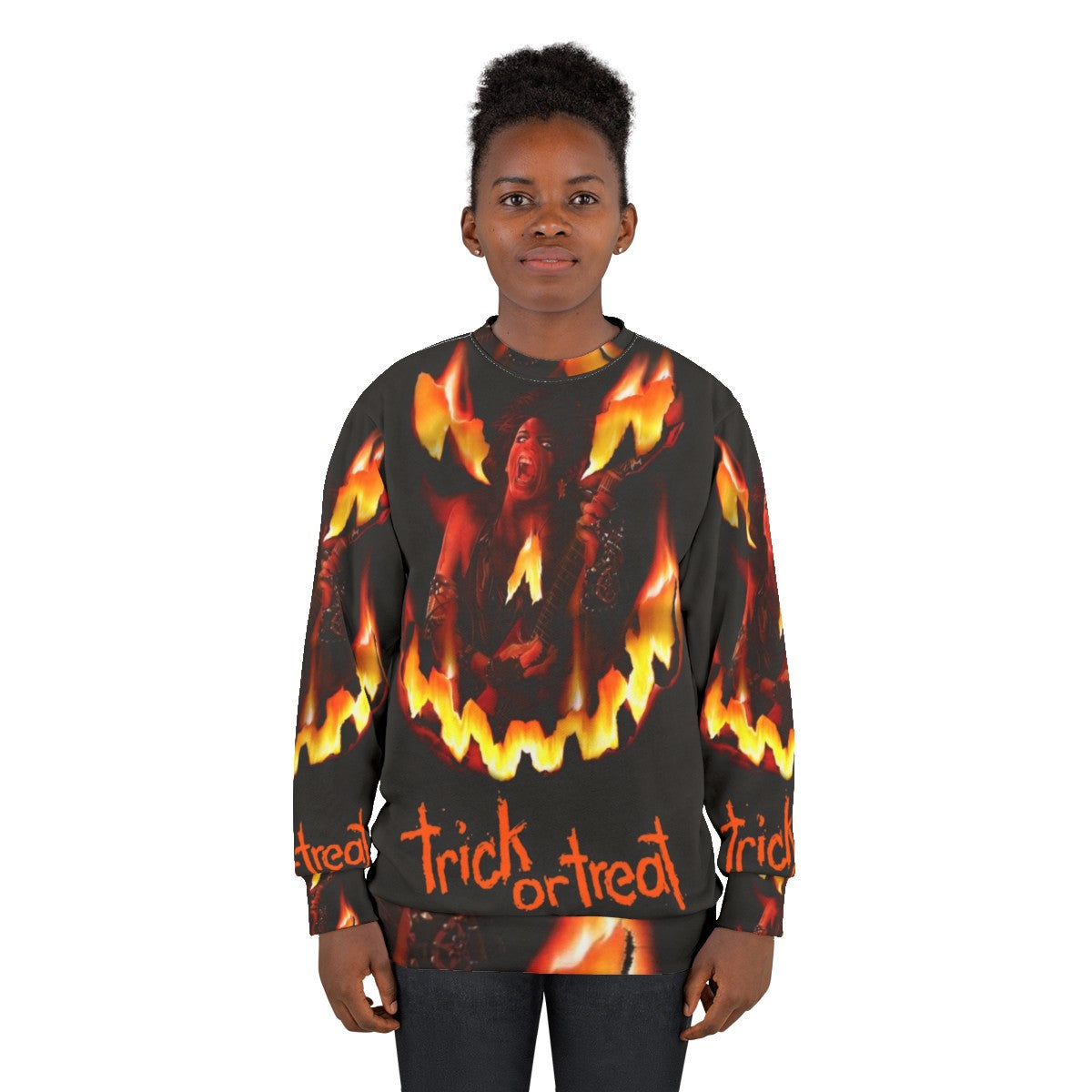 Trick or Treat Sweatshirt featuring horror movie inspired retro rock graphics - women