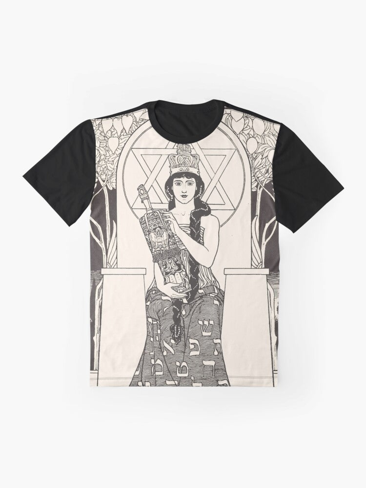 Graphic t-shirt featuring "The Queen of Sabbath" artwork by Ephraim Moses Lilien, a Jewish artist from the late 19th/early 20th century. - Flat lay