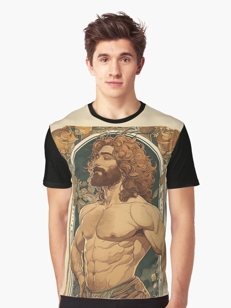 A graphic t-shirt featuring a cute, hairy man in an Art Nouveau style design inspired by Alphonse Mucha and Gustav Klimt. - Men